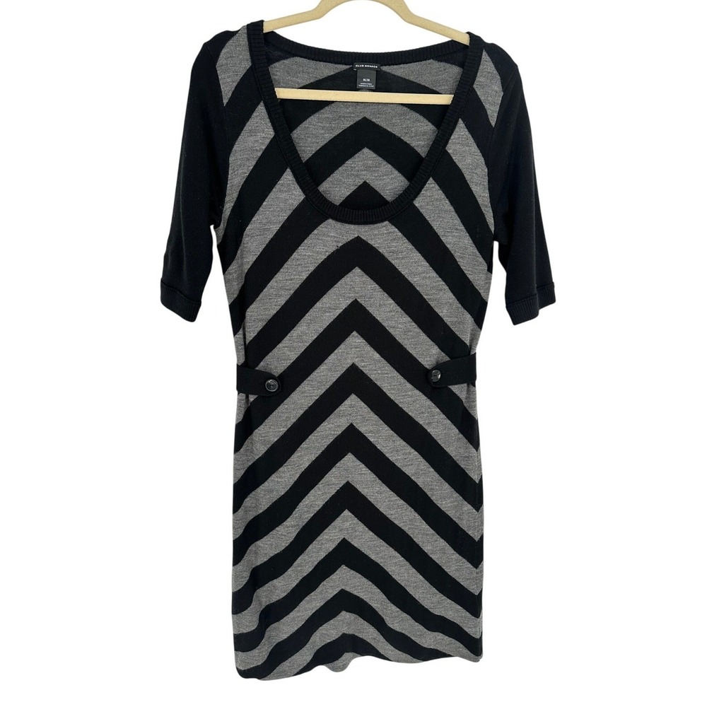 Club Monaco Merino Wool Sweater Dress Women M Black Gray Chevron Stripe Knit EUC